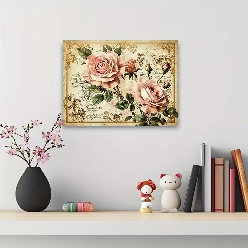 A vintage Victorian pink rose artistic art print Shabby-chic flower floral wall decor for the living room, bedroom, or hallway - high-quality canvas art, vintage decoration, a must-have for home decor enthusiasts
