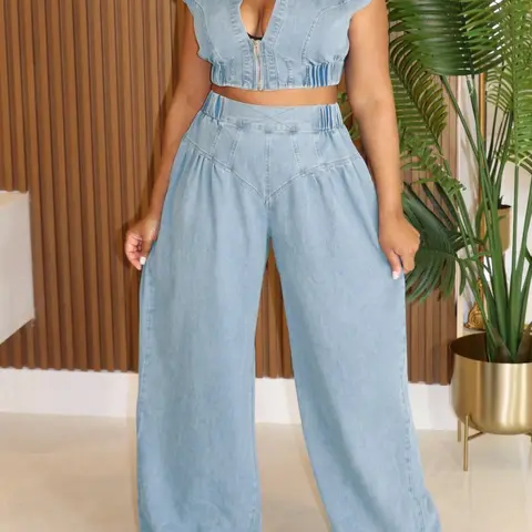 Women's Denim Crop Top Sleeveless & Wide Leg Trouser Two-piece Set, Casual Fashion Cozy Two Piece Outfits for Daily Outdoor Wear, Ladies Clothes for Summer, Womenswear