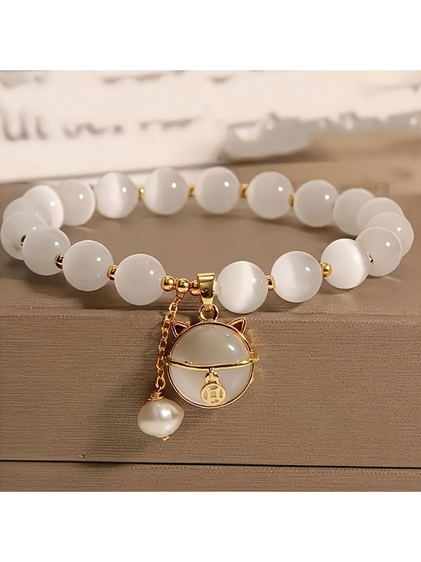 White Crystal Faux Cat's Eye Bracelet, Beaded Hand Jewelry for Women, Birthday Gift, Bracelet for Girlfriend, Valentine's Day Gift, Gift for Girlfriend