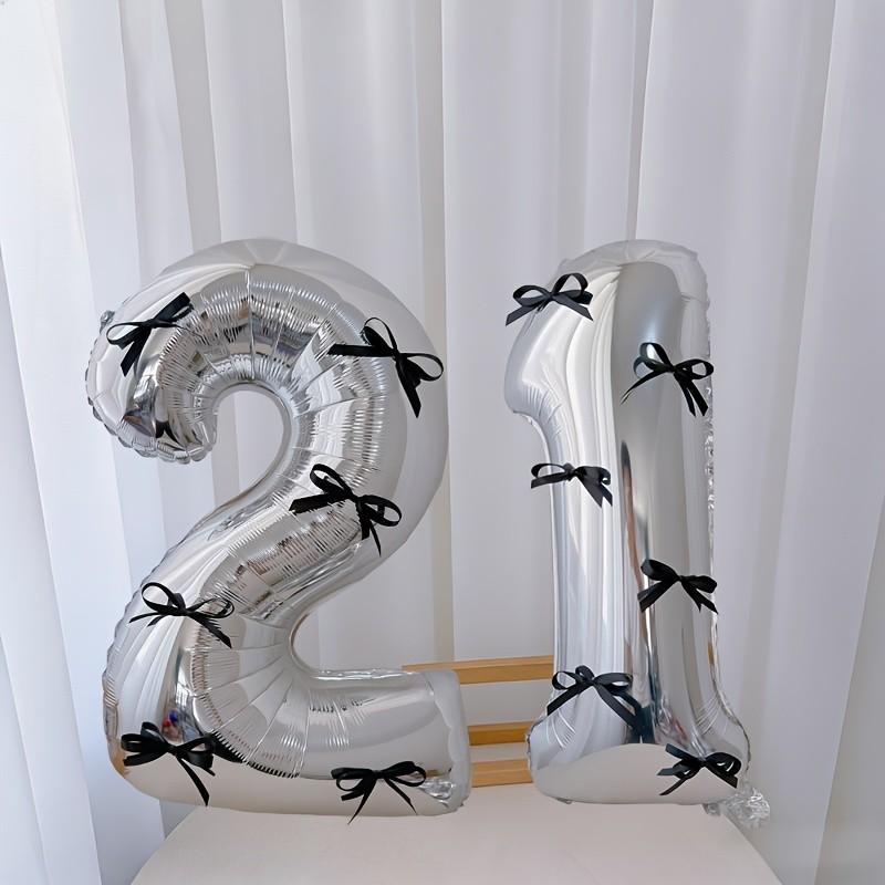 15pcs black bow style silver aluminum foil balloon set, including 2 balloons, 12 black bows and glue, suitable for birthday parties, Birthday decorations, graduation ceremony decoration and photo props