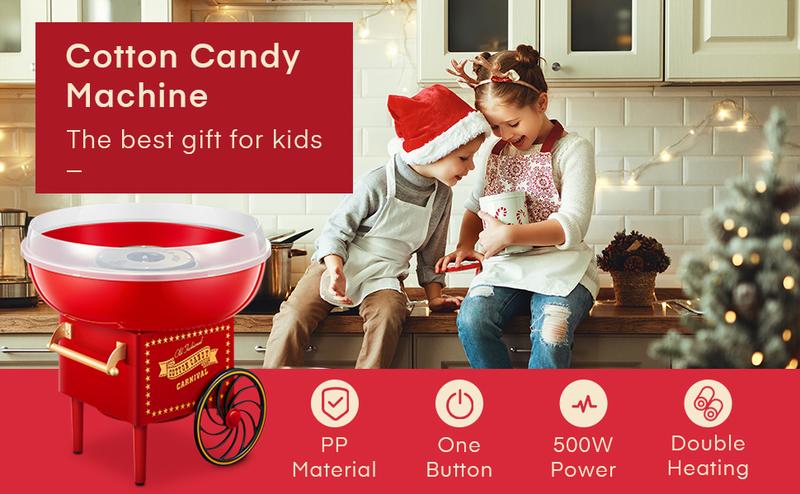 FOHERE Cotton Candy Machine,  Home Candy Maker with a Scoop and 10 Sricks for Kid Fun, Family Parties, Chrismas Gift, Red Vintage, Easy to Operate & Clean