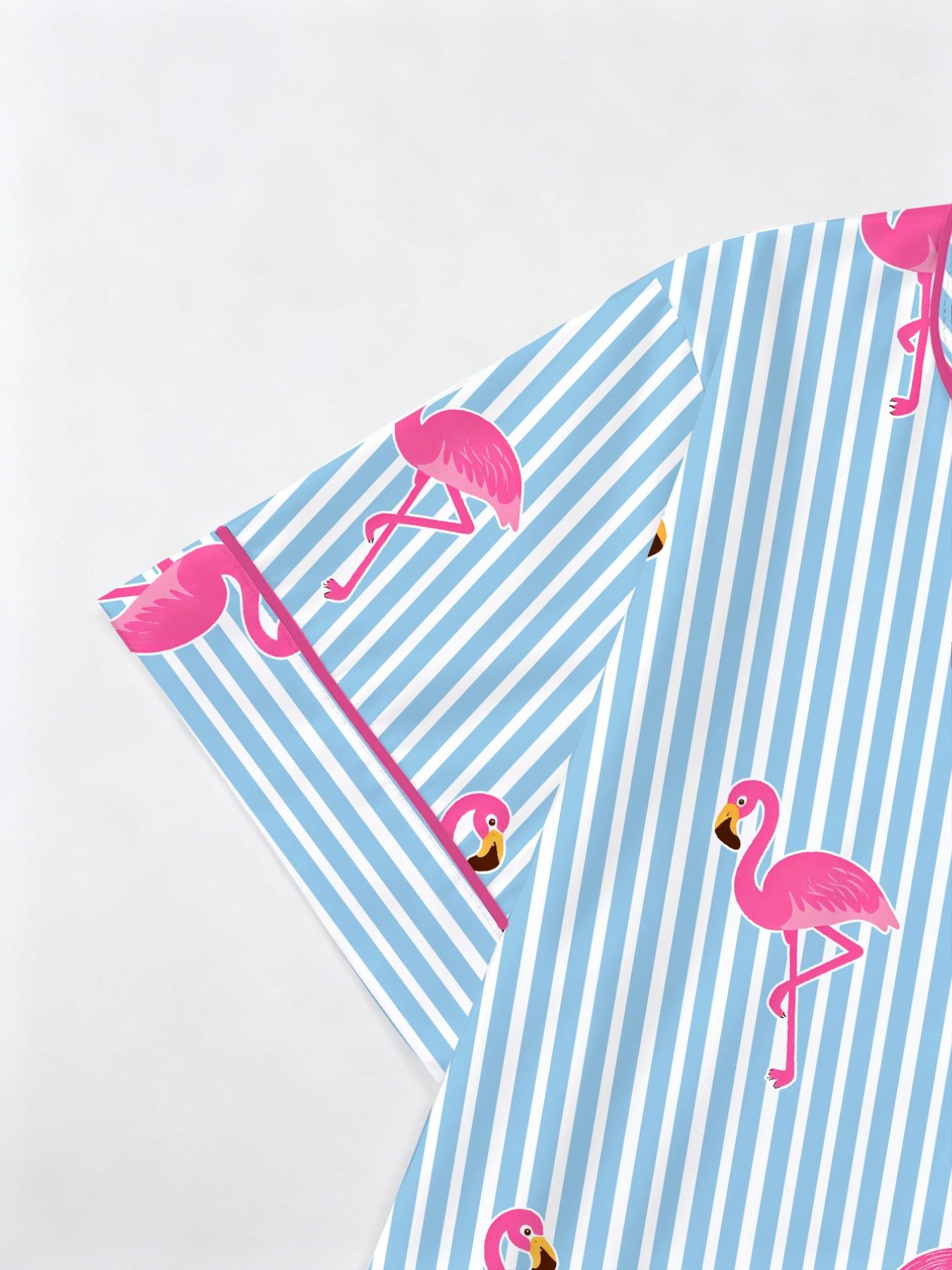 Women's Striped Flamingo Print Pajama Set Pjs, Short Sleeve Button-Up Top & Elastic Shorts, Casual Loungewear Outfit & Pajamas for Home Wear, All Seasons