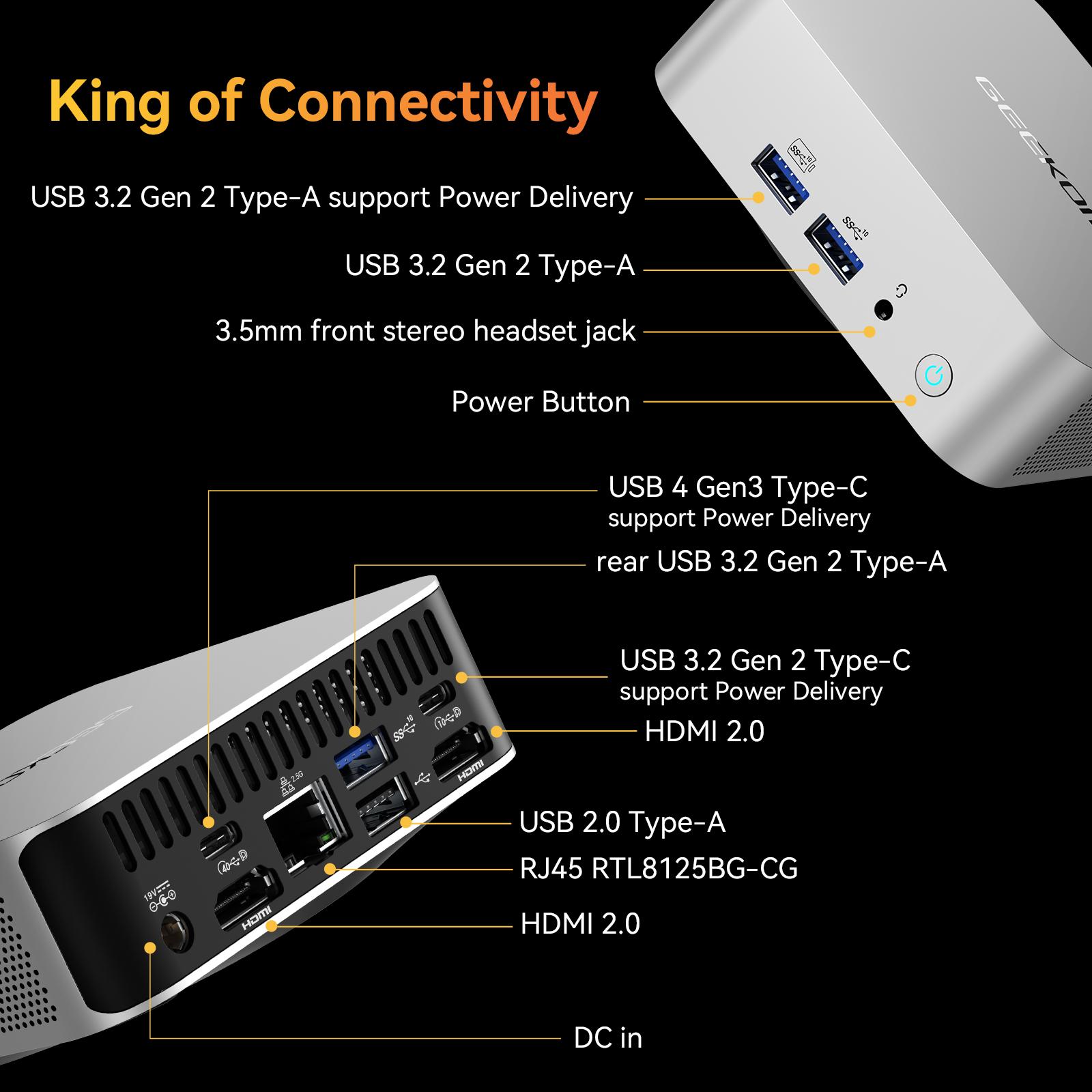 GEEKOM A8 MiniPC Ryzen 7 8745HS Cpu + Radeon 780M  16GB DDR5, 1TB NVMe SSD | 8K UHD, USB4, 2.5G LAN, 4 Displays | WiFi 6E, BT5.2 | Windows 11 Pro Mini Desktop Computer for Business, Home Office & Family
