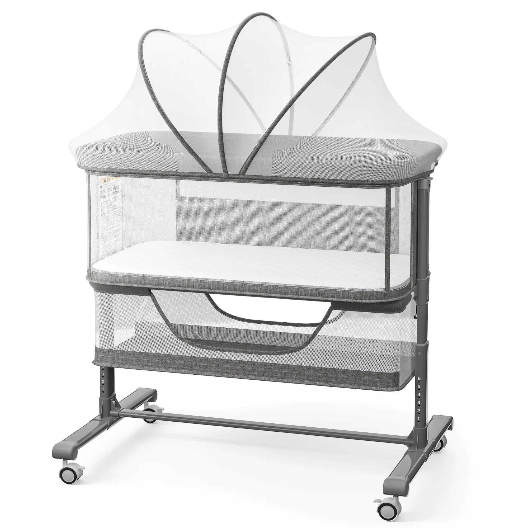 Kinder King Baby Bassinet Bedside Sleeper, 3-in-1 Convertible Portable Infant Bed with Adjustable Height, Wheels, Mosquito Net & Storage