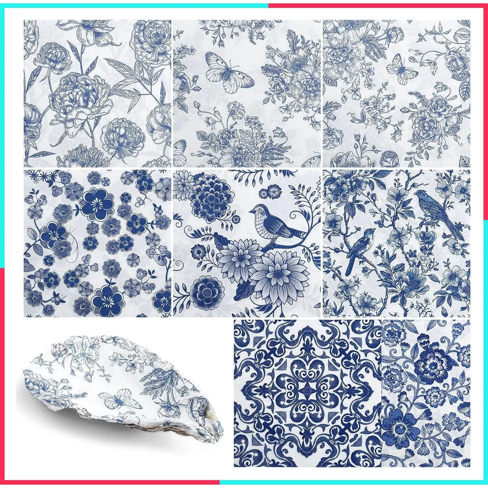 16 Pcs 8 Styles Decoupage Napkins, Blue and White Floral Paper Napkins