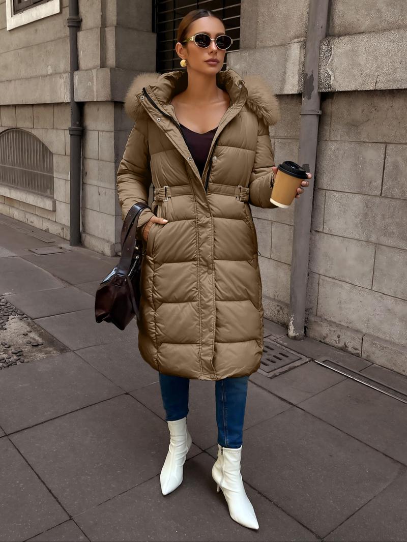 Women's Plus Size Winter Cotton Jacket, Hooded Warm Outdoor Commuter Coat with Fur Collar, Pocket Zipper, Waist Belt, Long Sleeve