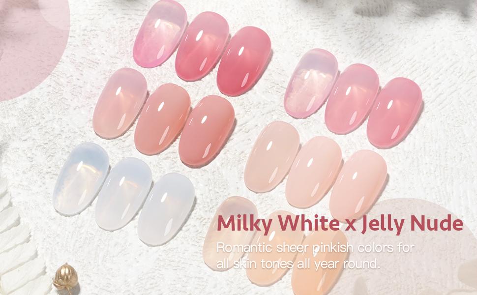 GAOY Milky White Jelly Nude Gel Nail Polish Set, 6 Transparent Colors Sheer Pink Orange Soak Off UV Light Cure Gel Polish Kit for Salon and Nail Art DIY at Home
