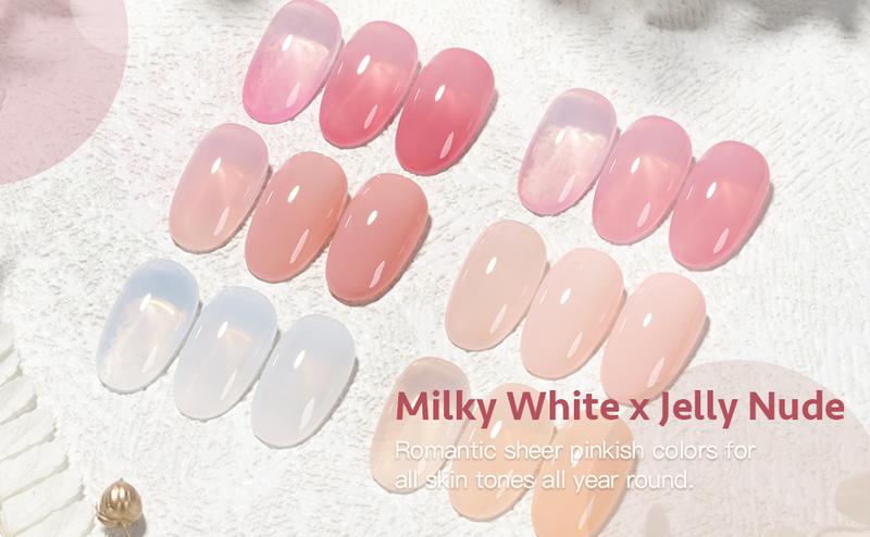 GAOY Milky White Jelly Nude Gel Nail Polish Set, 6 Transparent Colors Sheer Pink Orange Soak Off UV Light Cure Gel Polish Kit for Salon and Nail Art DIY at Home