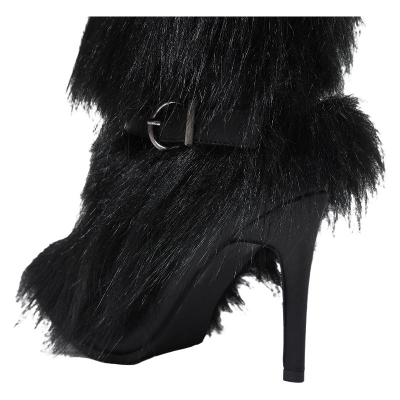 Women's Warm Winter Snow Stilettos Boots Mid-Calf Pointed Toe Furry High Heeled Christmas Holiday Boots Brown Fashionable Walking Shoe