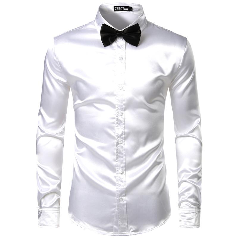 ZEROYAA Men's Luxury Shiny Silk Like Satin Button Up Dress Shirts Soft Polyester Fabric 4th of July Shirt for Men Casual Business Wear ZEROYAA Men's Luxury Shiny Silk Like Satin Button Up Dress Shirts Soft Polyester Fabric 4th of July Shirt for Men Casual Business Wear