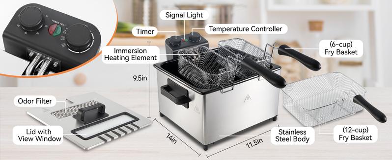 Kerilyn 3.2Qt/5.3Qt Deep Fryer with Basket, Stainless Steel Electric Oil Fryer 1700W Electric Deep Fryer with Time & Temperature Control for Home Use, 3 Frying Baskets, Lid with View Window and Odor Free Filter, Stainless Steel,
