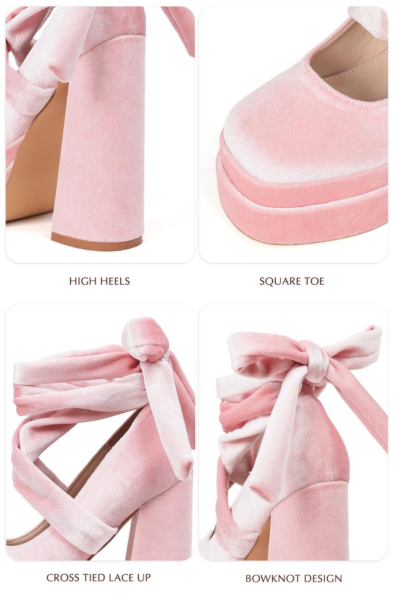 CYNLLIO Womens Mary Jane High Heels Square Toe Cross Tied Lace Up Bow Slip On Comfy Platform Chunky Heeled Dress Outing Wedding Party Casual Cosplay Spring Pump Shoes Valentine Gifts