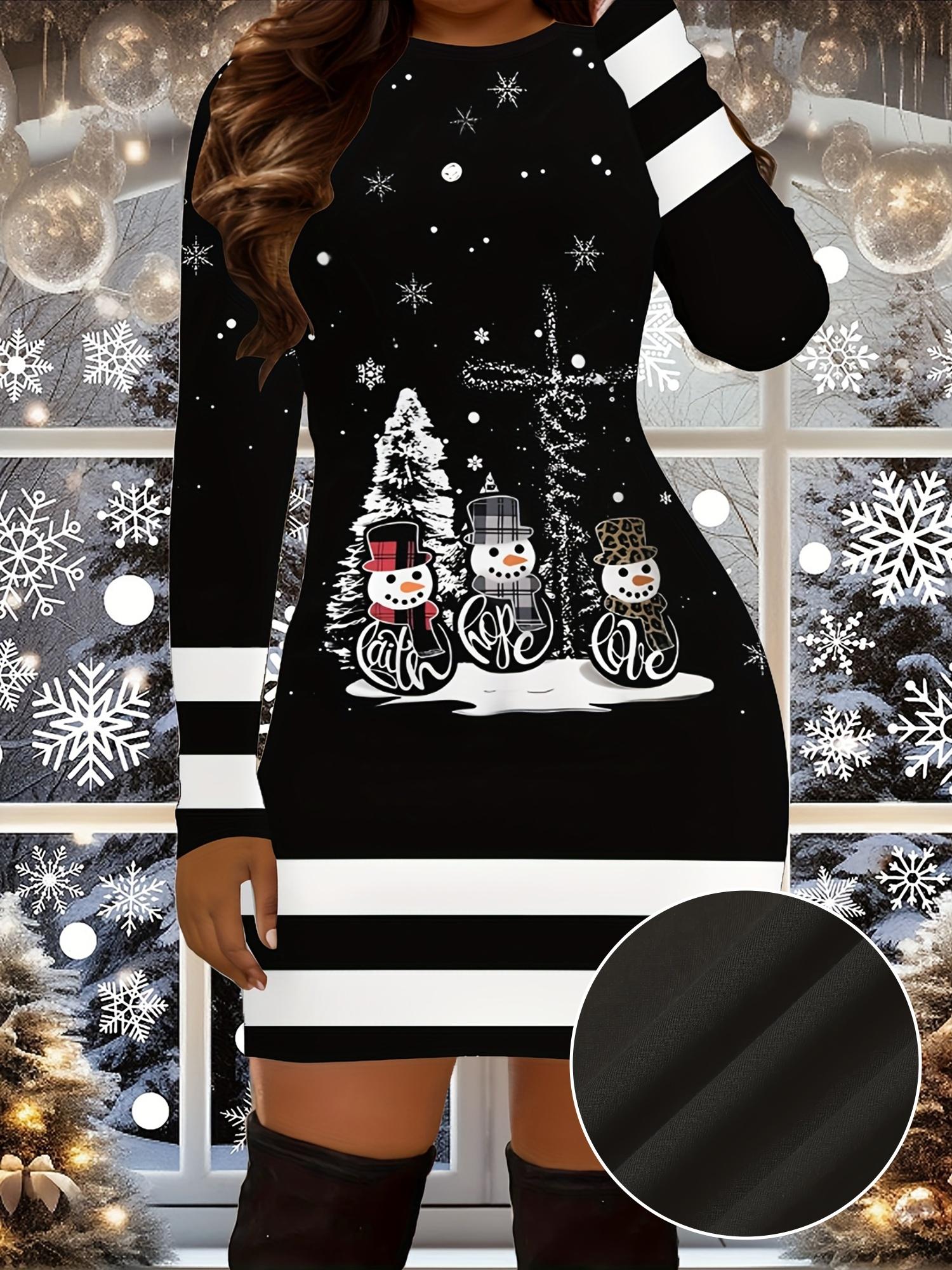 Women's 3D Snowman Print Bodycon Dress - Crew Neck, Long Sleeve, Mid Elasticity Polyester Blend, Christmas Holiday Dancewear, Machine Washable, Standard Size