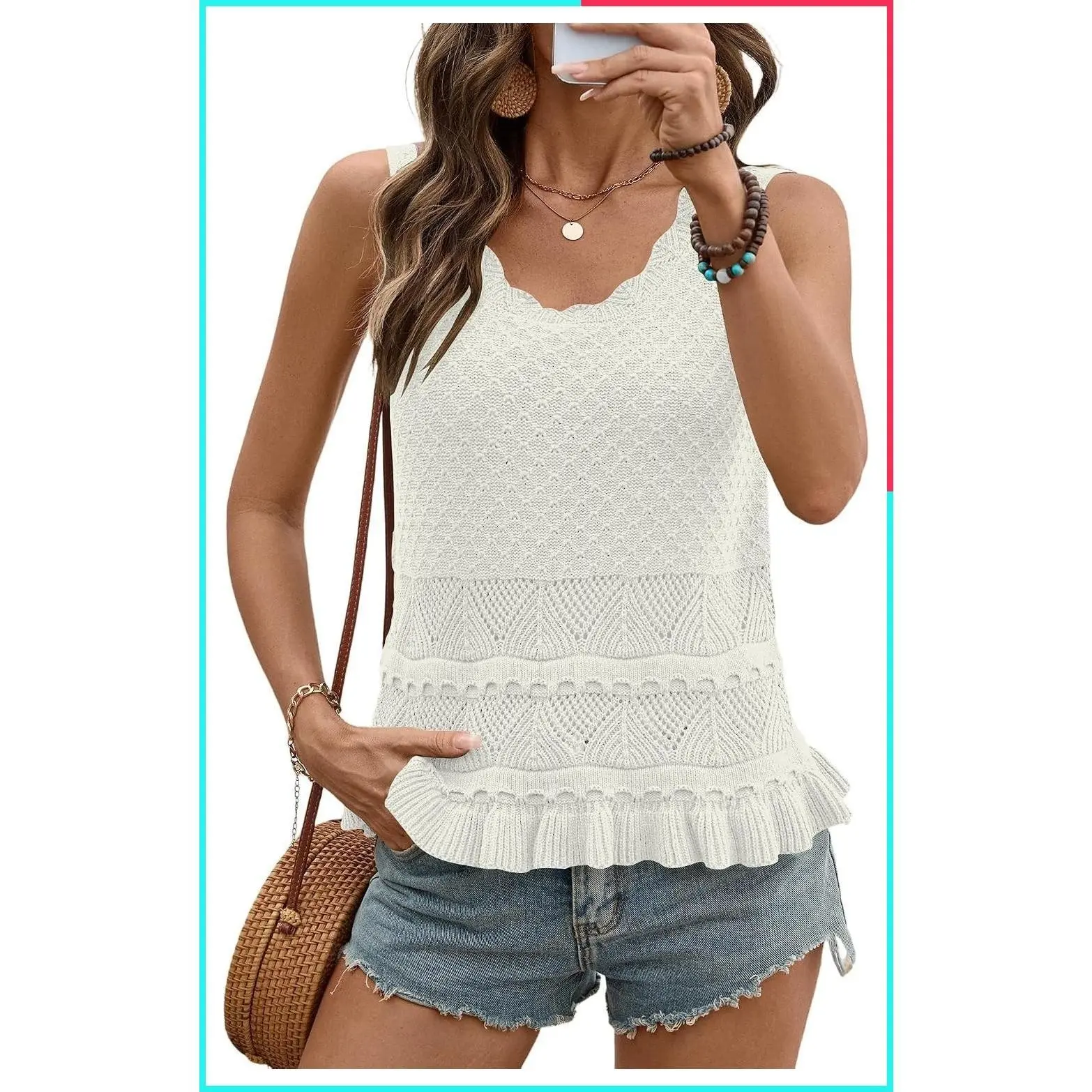 Women's Boho Crochet Sleeveless Sweater Vest Tank Top with Ruffle Hem, Summer Peplum Cover-Up for Country Concert, Beach Vacation & Resort Wear 2026