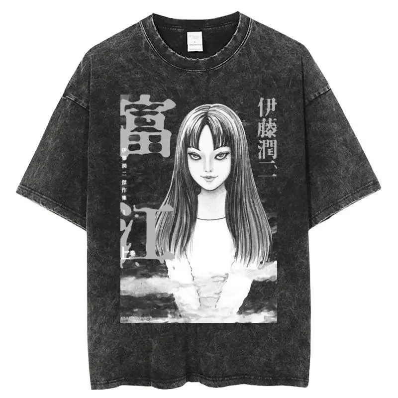Horror Manga Tomie Graphic T-Shirt, Junji Ito Anime Tee, Men Women Y2K Washed Oversized Streetwear Cotton Short Sleeve Top, Ideal Holiday Gift, Wear For custom printing, please contact customer service.
