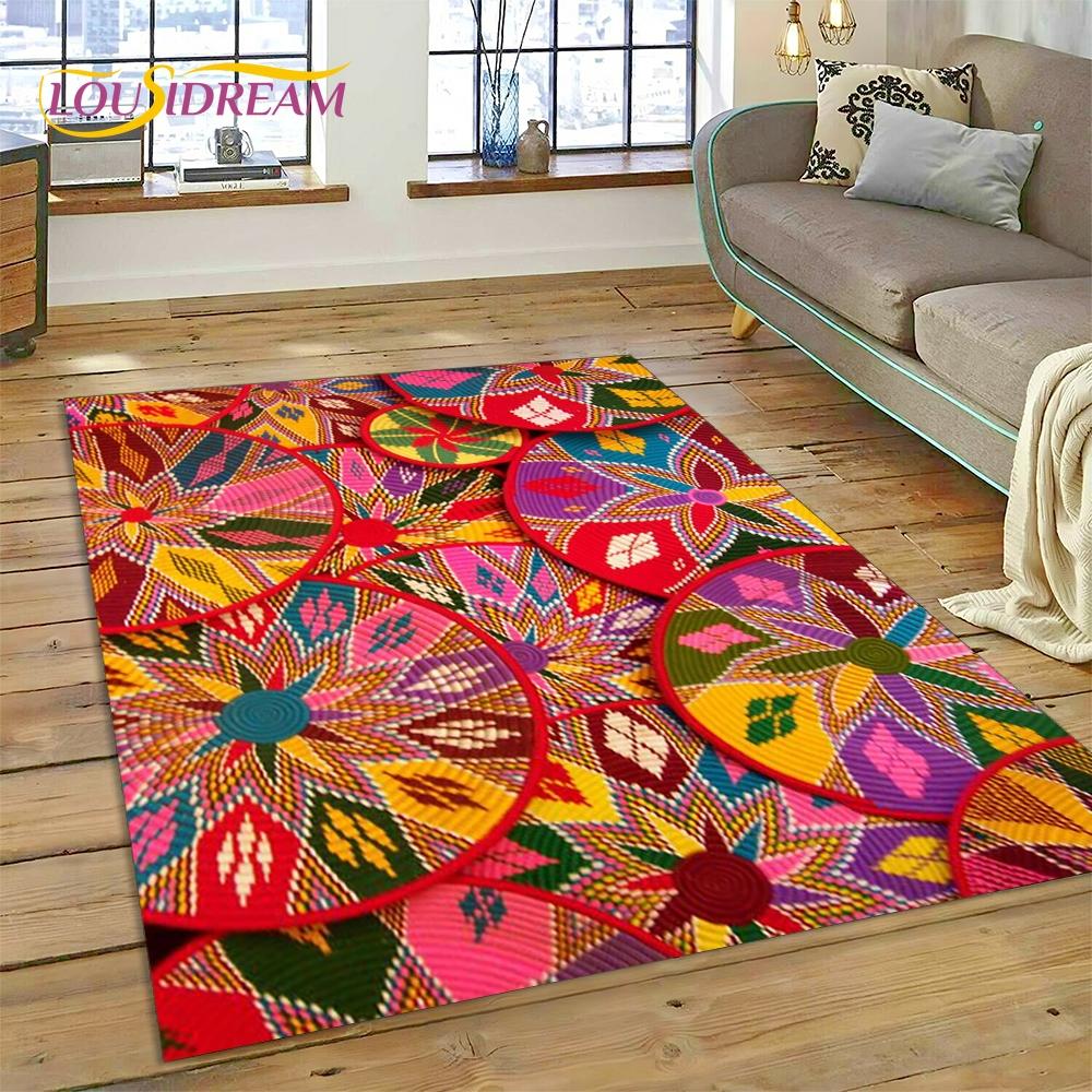 Colorful Crochet Mandala Flannel Area Rug - Boho Ethnic Woven Pattern Print Soft Mat for Living Room, Non-Slip Bohemian Home Decor #BohoMandalaRug #ColorfulCrochetMat #EthnicHomeDecor #2DWovenCarpet #NonSlipFlannelRug