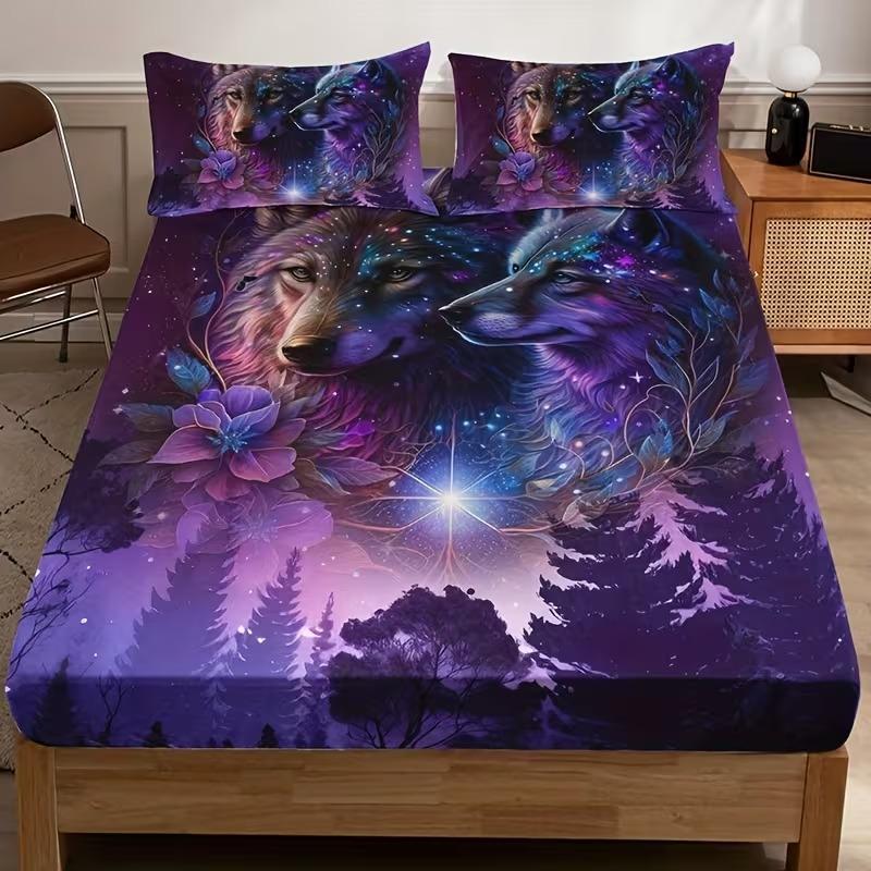 3pcs Starry Sky Wolf Pattern Bedding Set, High-Quality Digital Print Sheet and Pillowcases, All Seasons, Bedsheet Sets, Bedding Supplies