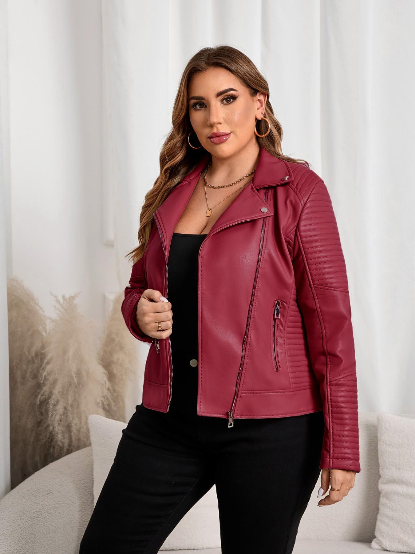 Women's Plus Size Plain PU Jacket with Zipper, Coats, Casual Fitted Outerwear for Spring & Fall