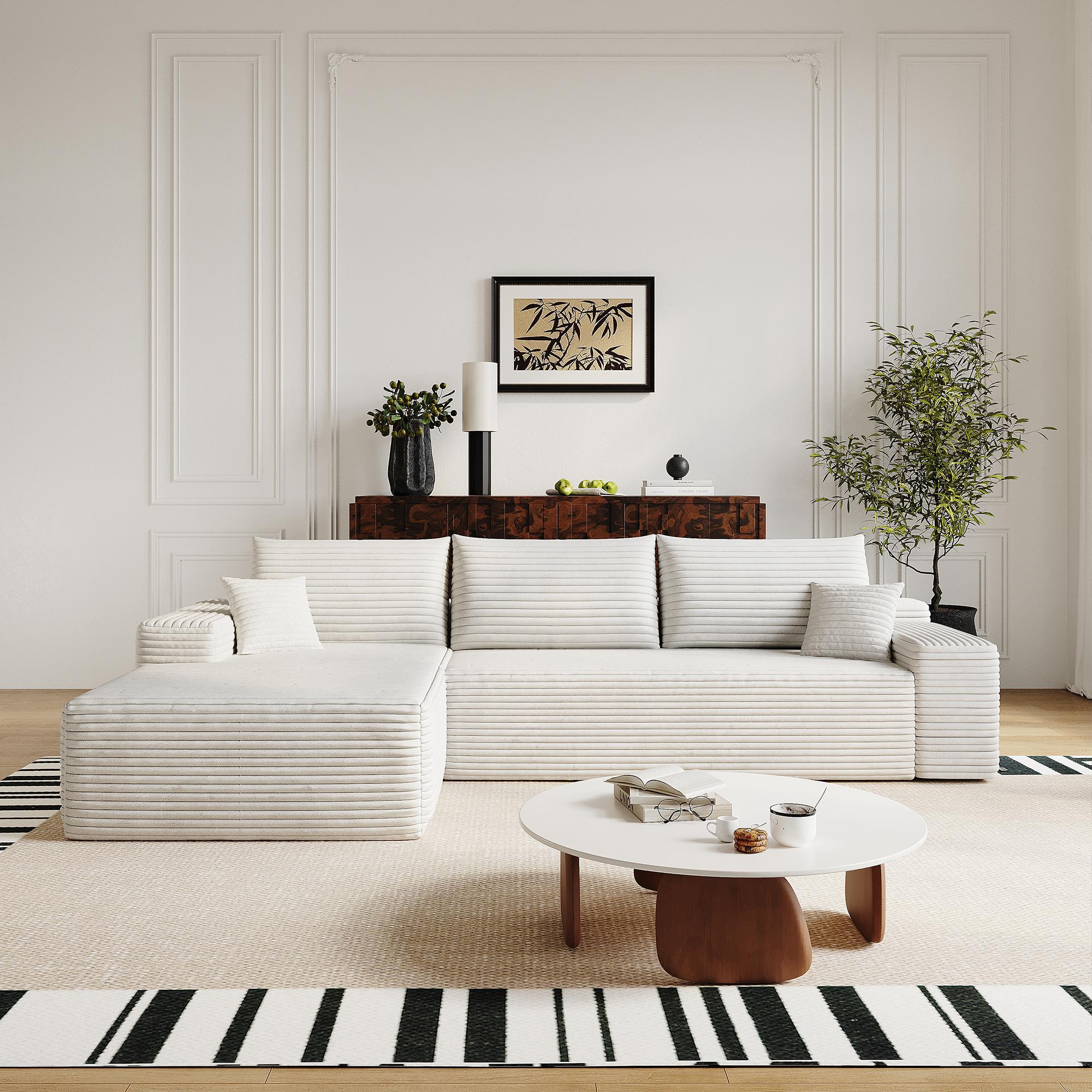 107" Cloud Sectional Couch with L-Shape Chaise,Modern Modular Sofa with Deep Seat, Upholstered Couches for Living Room Bedroom,No Assembly Required, (Plush Corduroy Fabric),White
