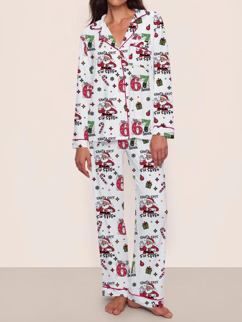 Women's 67 Six seven santa  Christmas Pajama Set, Fall & Winter Long Sleeve Loungewear, Elastic Waist Pants, Comfortable Cute Holiday, Christmas Gift