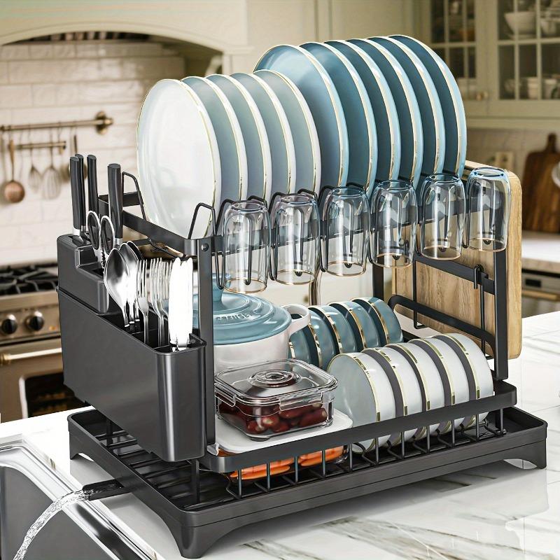 Large removable stainless steel easy-to-clean dish rack with cup holder, cutlery storage and cutting board rack for kitchens, suitable for households of 2-4 people