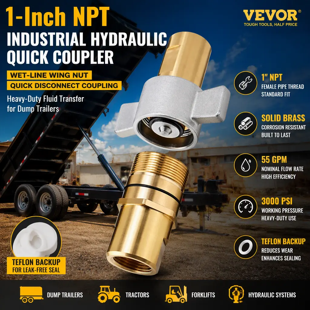 1" NPT Wet‑Line Wing Nut Hydraulic Coupler, Quick Disconnect Industrial Quick Coupling with Teflon Backup, Efficient Fluid Transfer for Dump Trailers & Wet‑Line Equipment