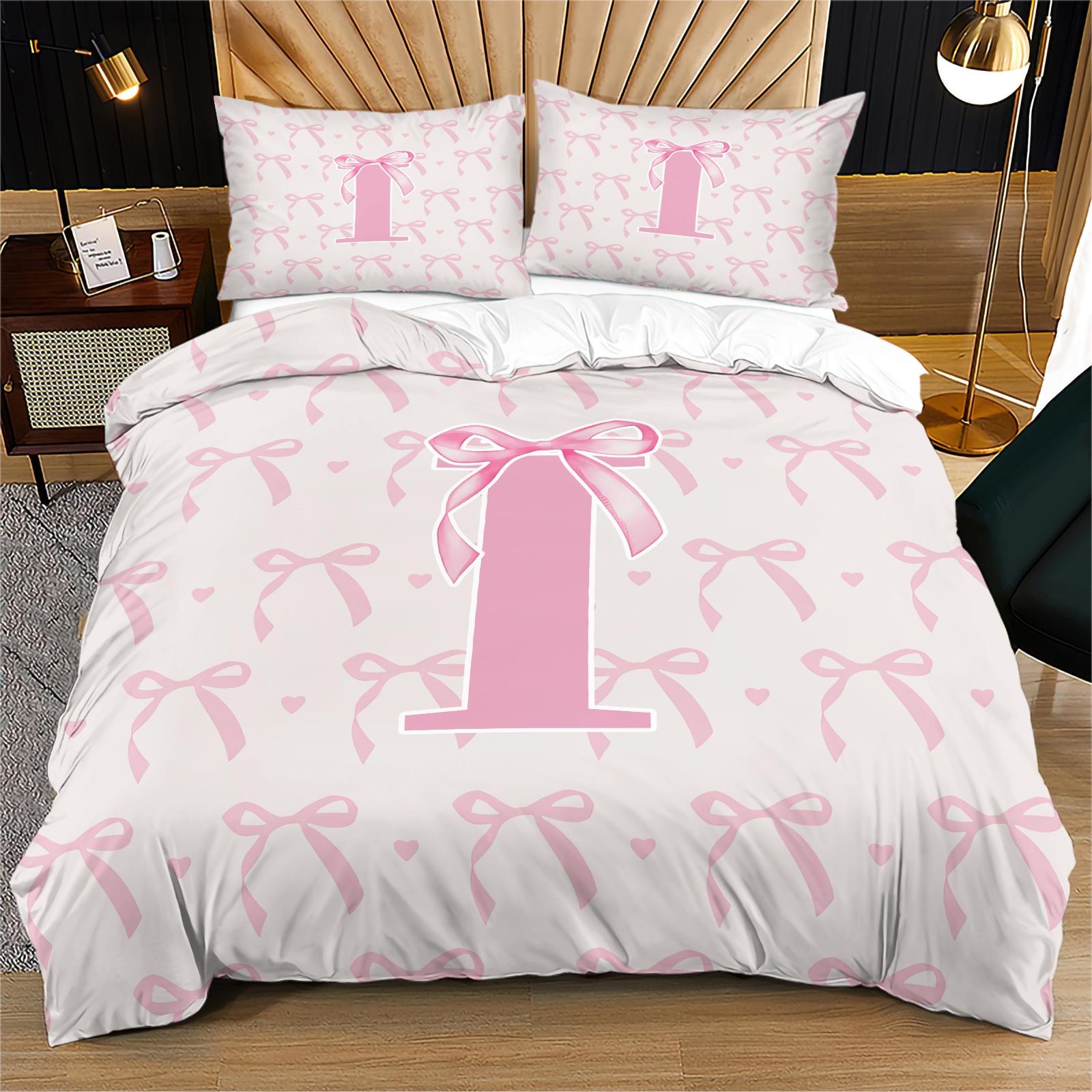 2/3 PCS Pink Romantic Ballet Bow Full Alphabet Initial Duvet Cover Set, Coquette Aesthetic Bedding with Zipper Closure for Easy Removal, Ideal Housewarming Birthday Christmas Gift, No Filling