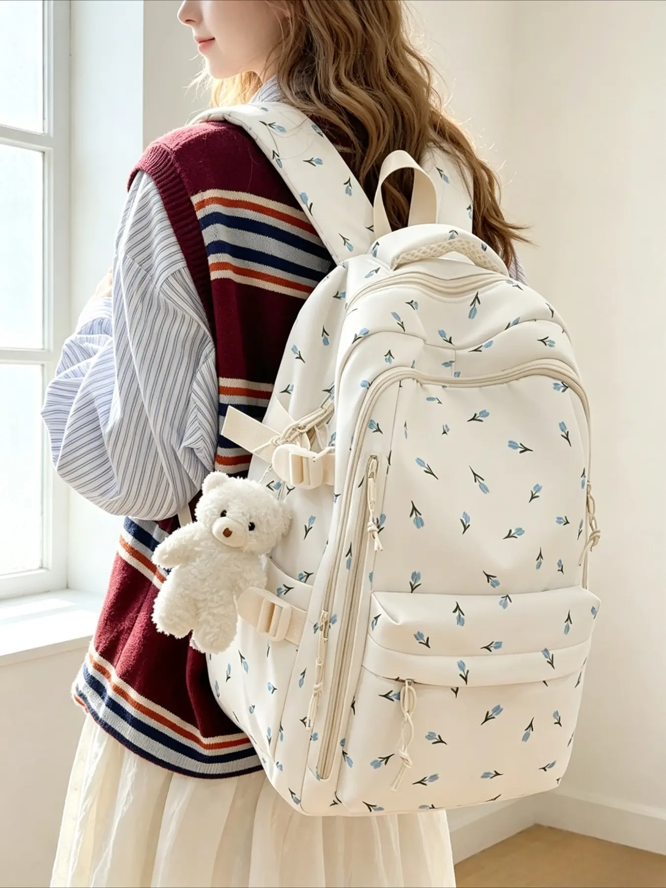 Teenage Print Nylon Backpack, Multiple Pockets, Suitable for Short Trips, Campus Use, Fresh Sweet Literary Style, All Seasons Travel Bag