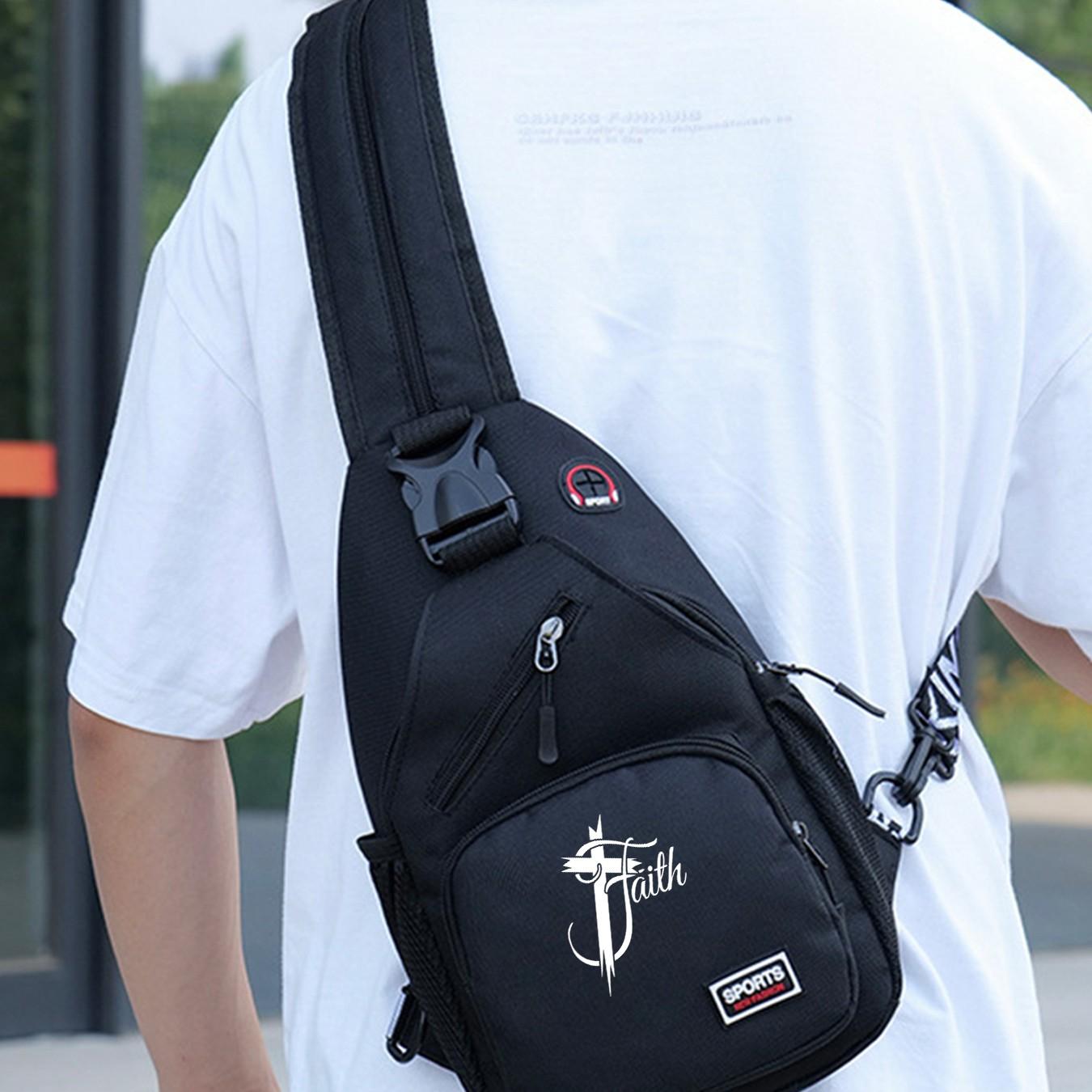 "Faith" Cross Print Sling Bag, Unisex Fashion Streetwear Chest Backpack, Unique Gift for Faith Enthusiasts, Great for Anniversary, Holiday, Daily Commute