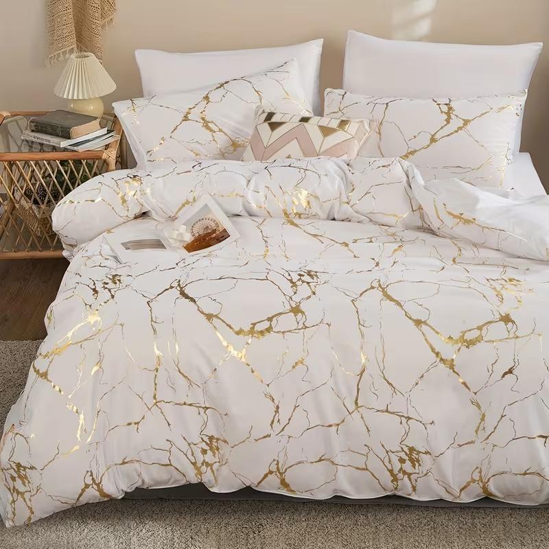 3pcs Classic Gold Texture Digital Print Modern Bedding Set (1 Sheet + 2 Pillowcases), Soft Comfortable Fabric, Suitable for Bedroom & Hotel Dorm
