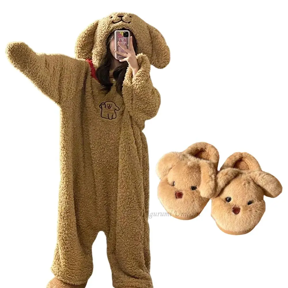 Winter Cartoon Brown Dog Hooded Romper Pajamas Kigurumi Unicron Cute Long Sleeve Zippered Plush Novelty Onesie Sleepwear Slipper
