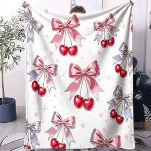 1-Piece Set of Red Cherry Bow Flannel Fleece Blanket, Cute Cartoon Beige Bow Princess Bow Tie Sweet Tropical Fruit Ultra-Soft Bed Blanket, Double-Size Ultra-Soft Bedding