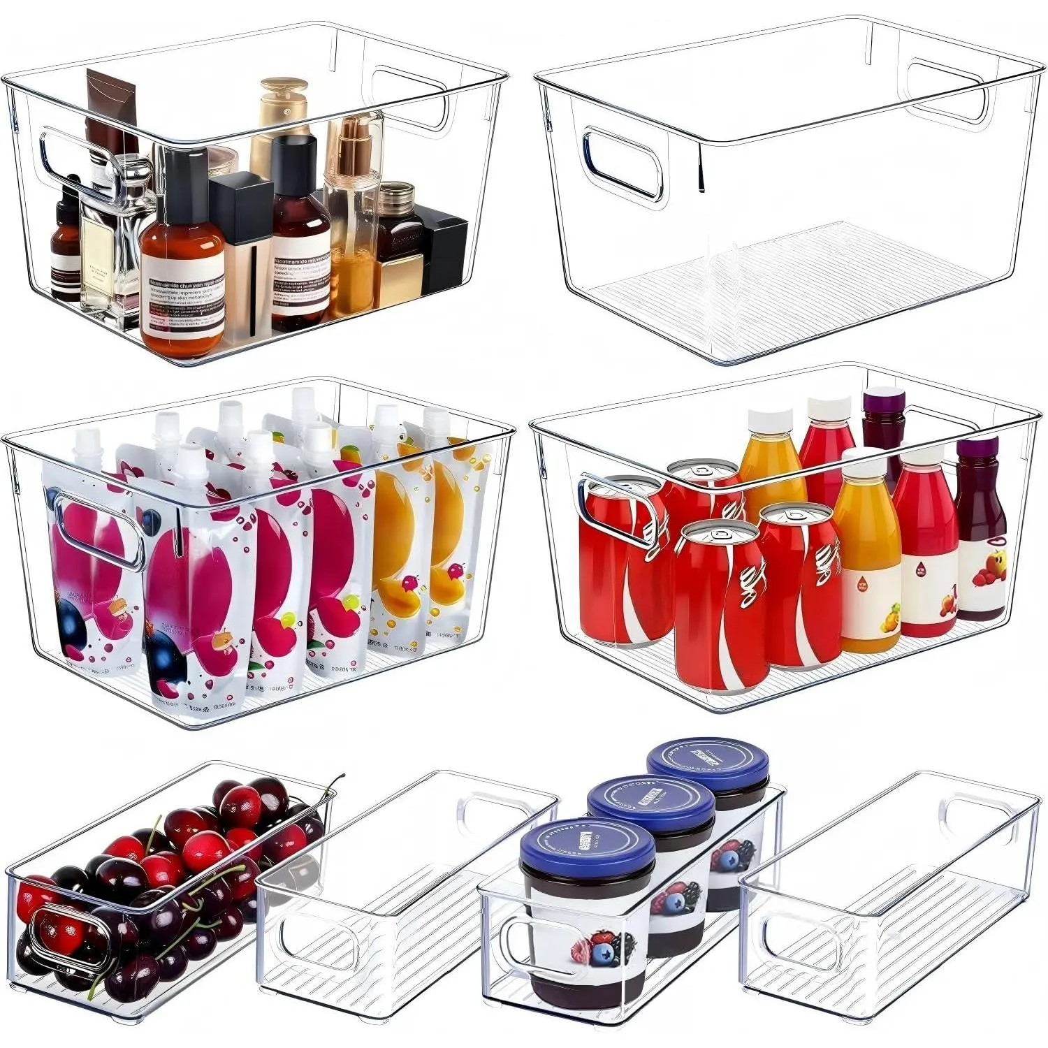 Modern Transparent Plastic Organiser Set - 8-Piece Mix of Large/Small Rectangular Stackable Ribbed Storage Bins (4 Large, 4 Small) for Pantry, Kitchen Organization