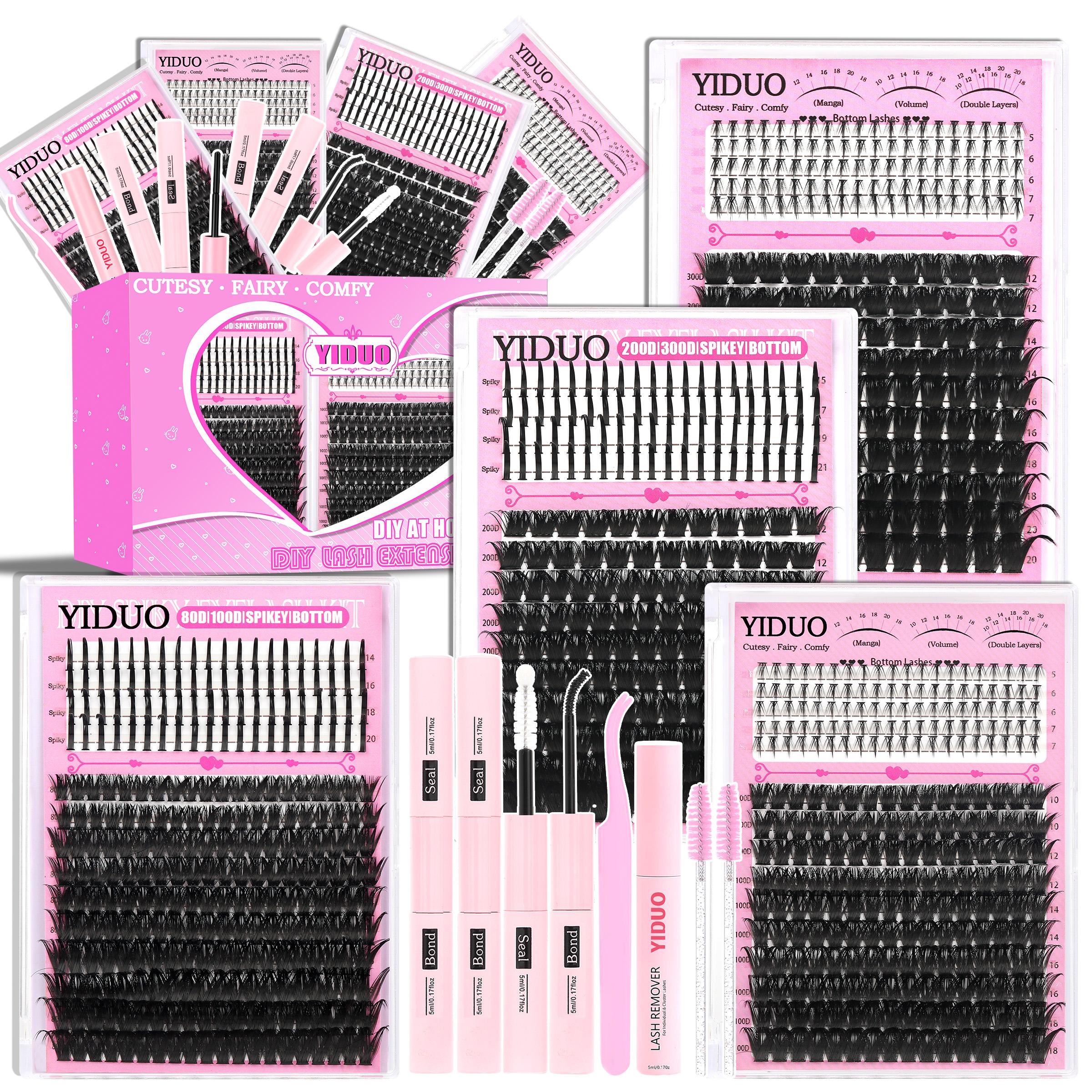 6 Styles Lash Cluster Kit, Spike/Bottom/80D/100D/200D/300D Volume Lashes, Eyelashes Extensions, 980 Pcs 5–20 mm D-Curl Cluster Eyelash Extension Kit with Lash Bond and Seal (2 Bottles), Remover, Tweezers and Brush for Easy DIY at Home