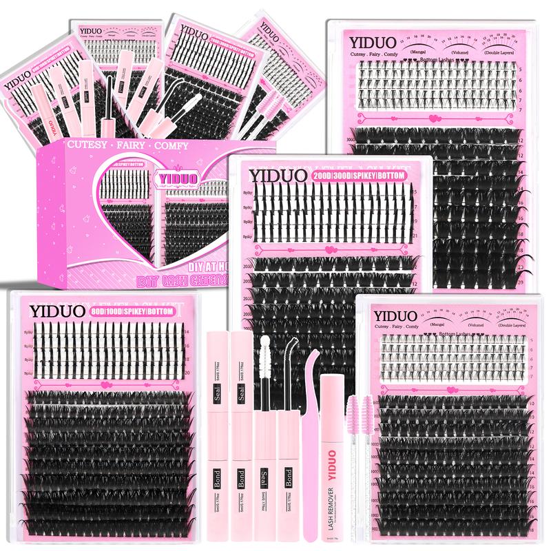 6 Styles Lash Cluster Kit, Spike/Bottom/80D/100D/200D/300D Volume Lashes, 980 Pcs 5–20 mm D-Curl Cluster Eyelash Extension Kit with Lash Bond and Seal (2 Bottles), Remover, Tweezers and Brush for Easy DIY at Home