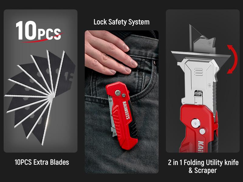 KAIWEETS Utility Knife Scraper, Retractable Design, 2-in-1 Folding Box Cutter with Blade Storage, Heavy Duty Zinc Alloy Body, Folding Knife, SK2 Black Blades replacement, EDC Tool for Home, Office Hardware Cutting