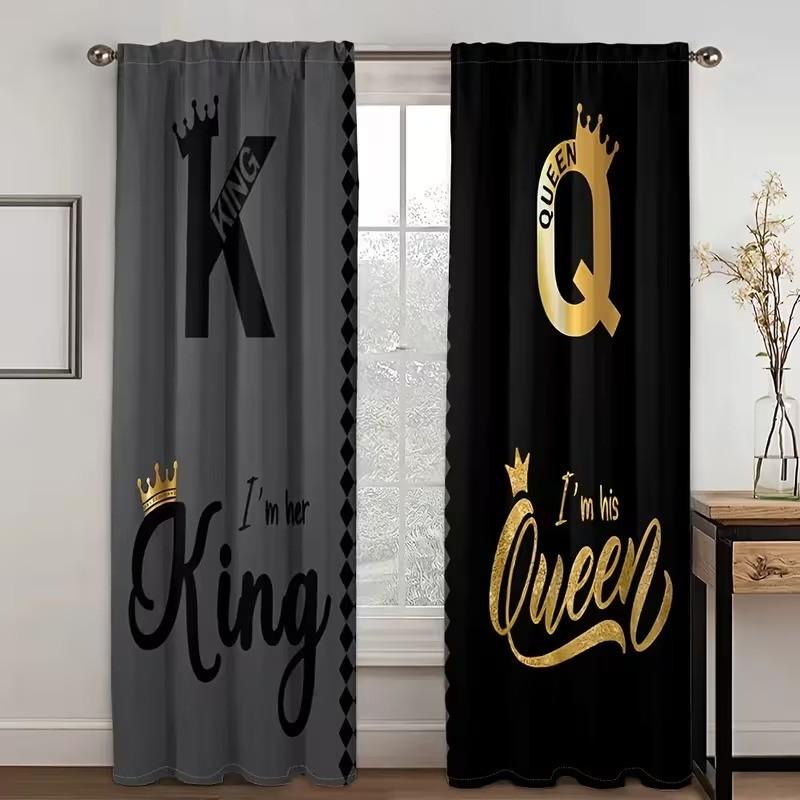 2 pieces of black text and golden crown artistic design printed curtains for king and queen. Made of polyester, semi-transparent material, machine washable. Suitable for bedrooms, living rooms and home decoration.