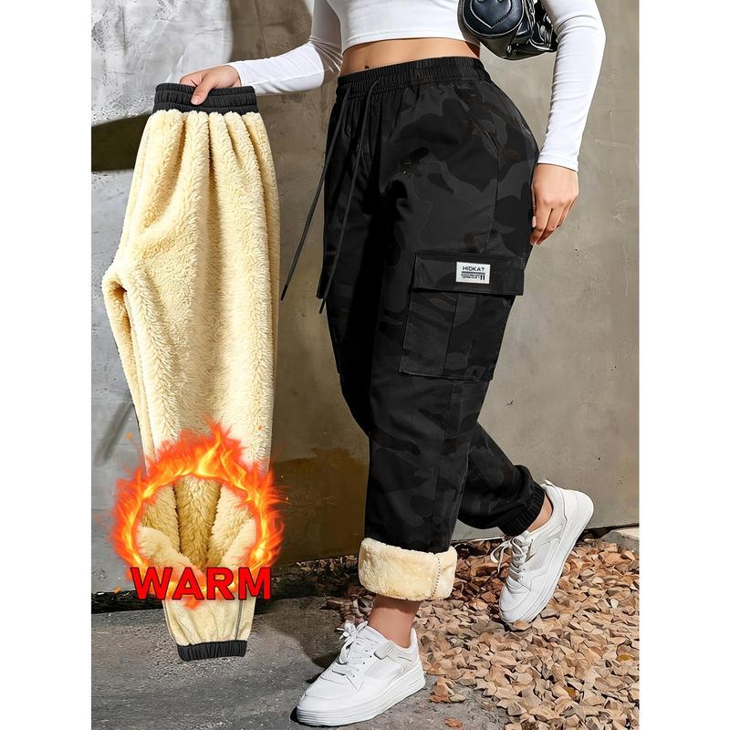 Women's Winter Camouflage Work Pants, High Waisted Elastic Drawstring, Camouflage Print and Functional Flip Up Work Bag, Warm Lining, Multifunctional Winter Streetwear Pants