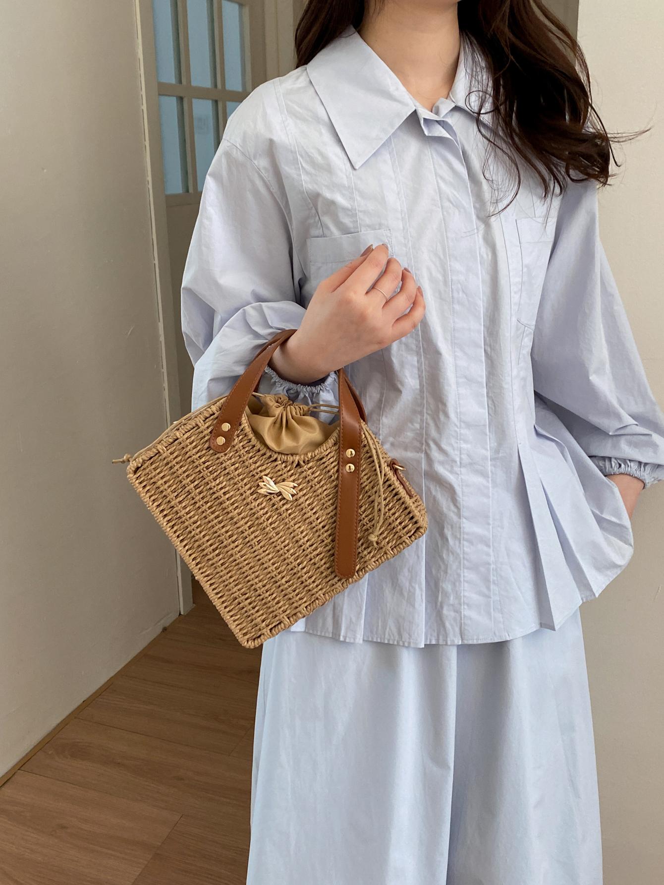 Woven Drawstring Bucket Bag, Vintage Style Handbag, Crossbody Shoulder Bag, Spring Summer Commute Vacation Essential, Women's Fashion Accessory