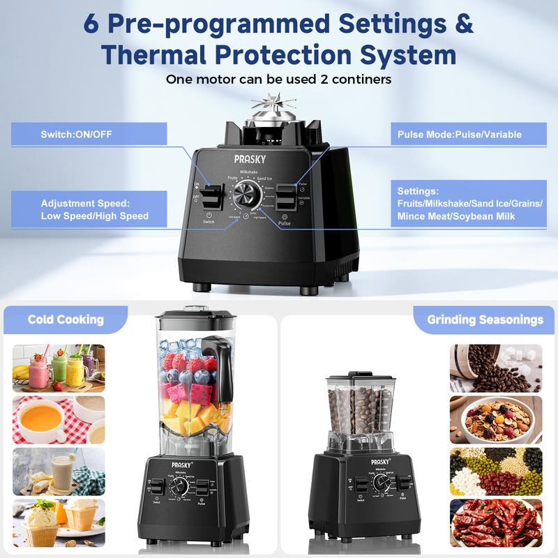 Prasky 102oz 2in1 Blender and Grinder for kitchen use, 2 Cups Large capacity Powerful Kitchen Blender 68oz BPA-Free 2 Containers Countertop Blenders, Crush Ice, Makes Sauces&Smoothie, Grinds Coffee& Spices - Ideal for Frozen drinks & daily blending needs