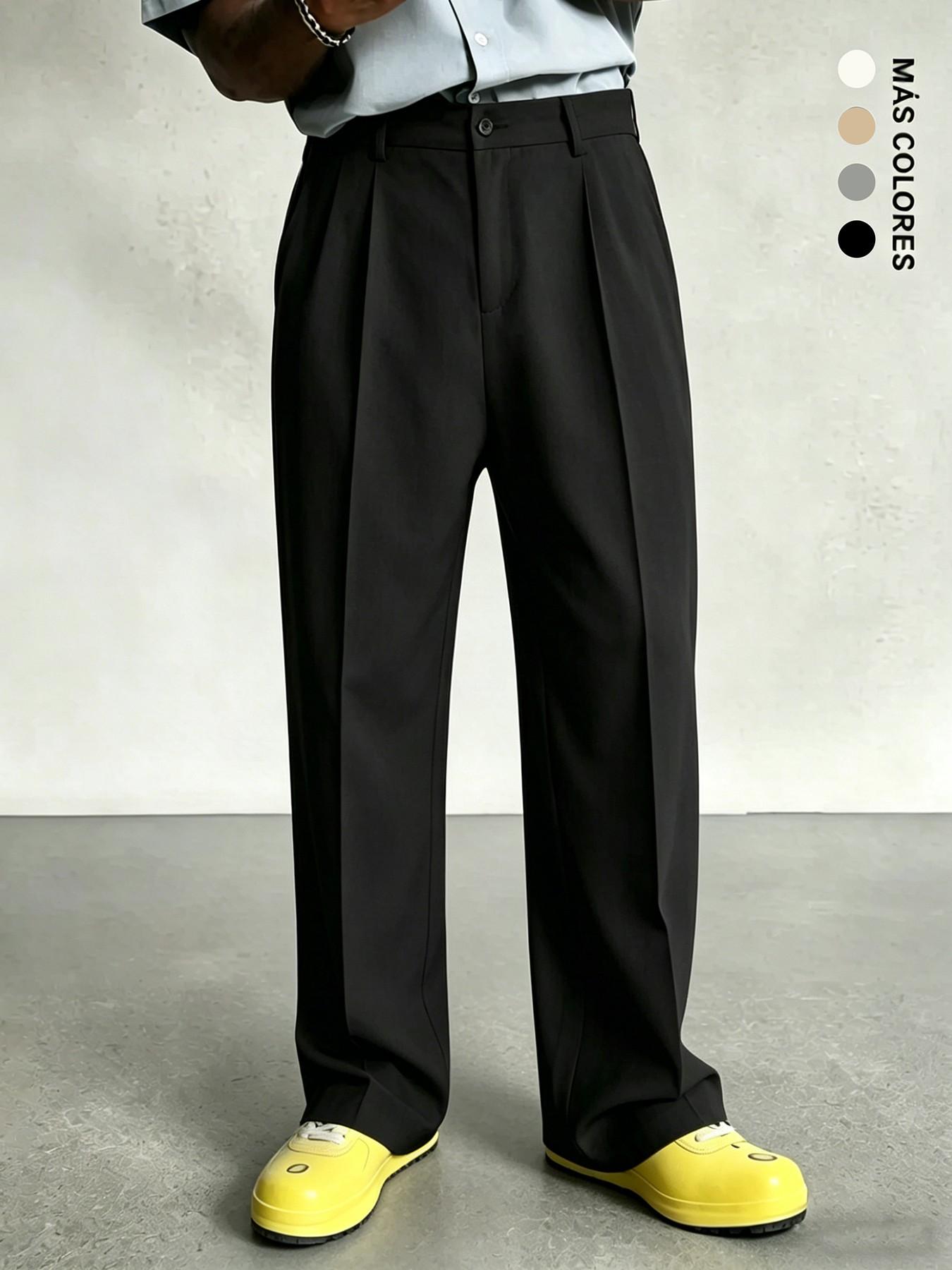 Men's Pleated Wide Leg Suit Pants, Formal Wear, Casual Loose Fit, Business & Street Style, Mid Waist, Drawstring Waist, Adjustable Pants, All Seasons