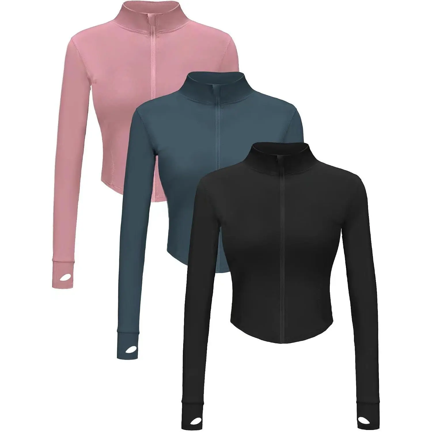 Women's 3-Pack Cropped Full-Zip Workout Jacket Tops with Thumbholes - Slim Fit, Compression, Athletic Workout Gear for Yoga, Running, Gym, Aesthetic, Cotton Fabric