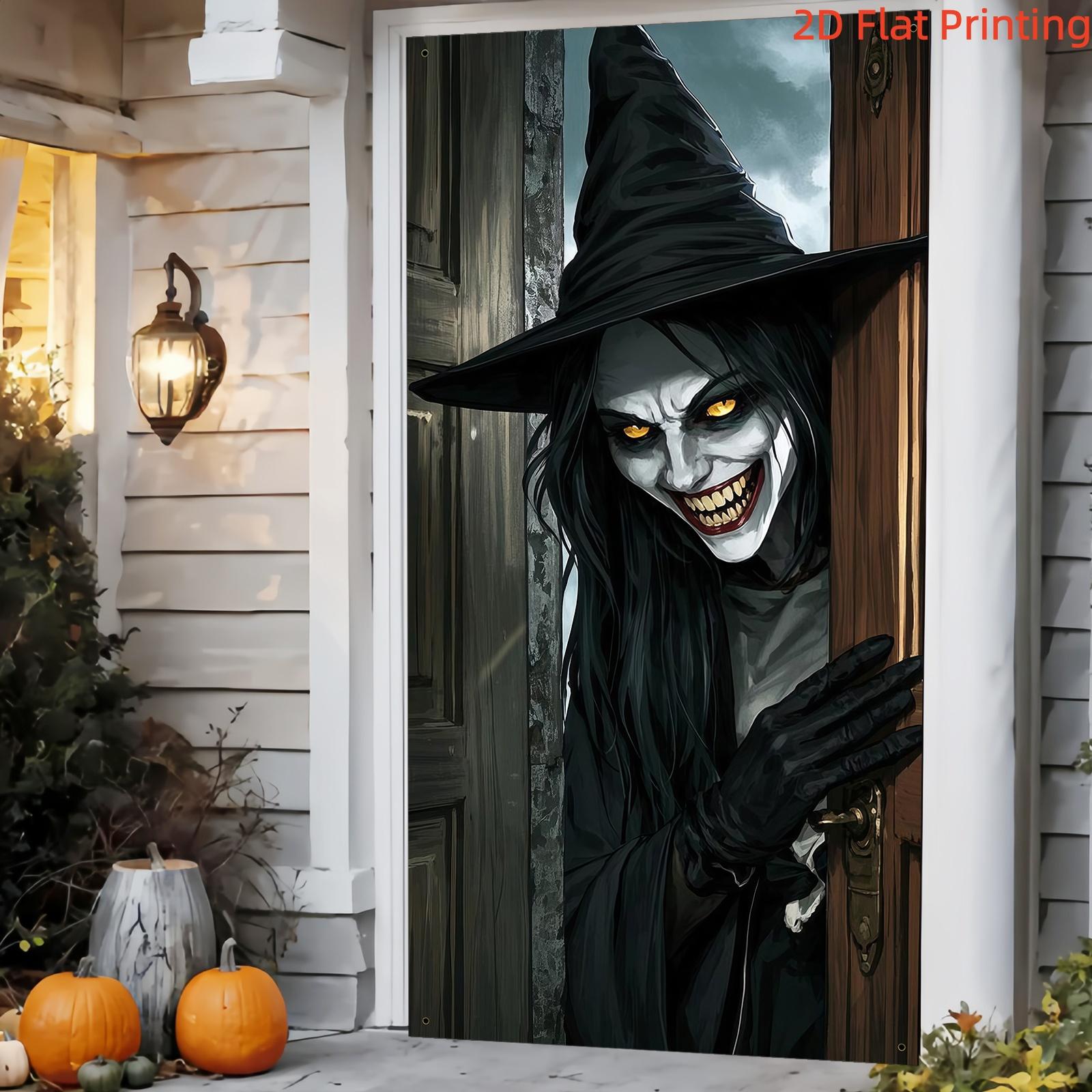 2D Flat Banner 1pc Halloween Horror Witch Door Curtain Dark Wind Printed Background Fabric, Haunted House Party Entrance Decoration Hanging Cloth, Polyester Material, Decorative Banner