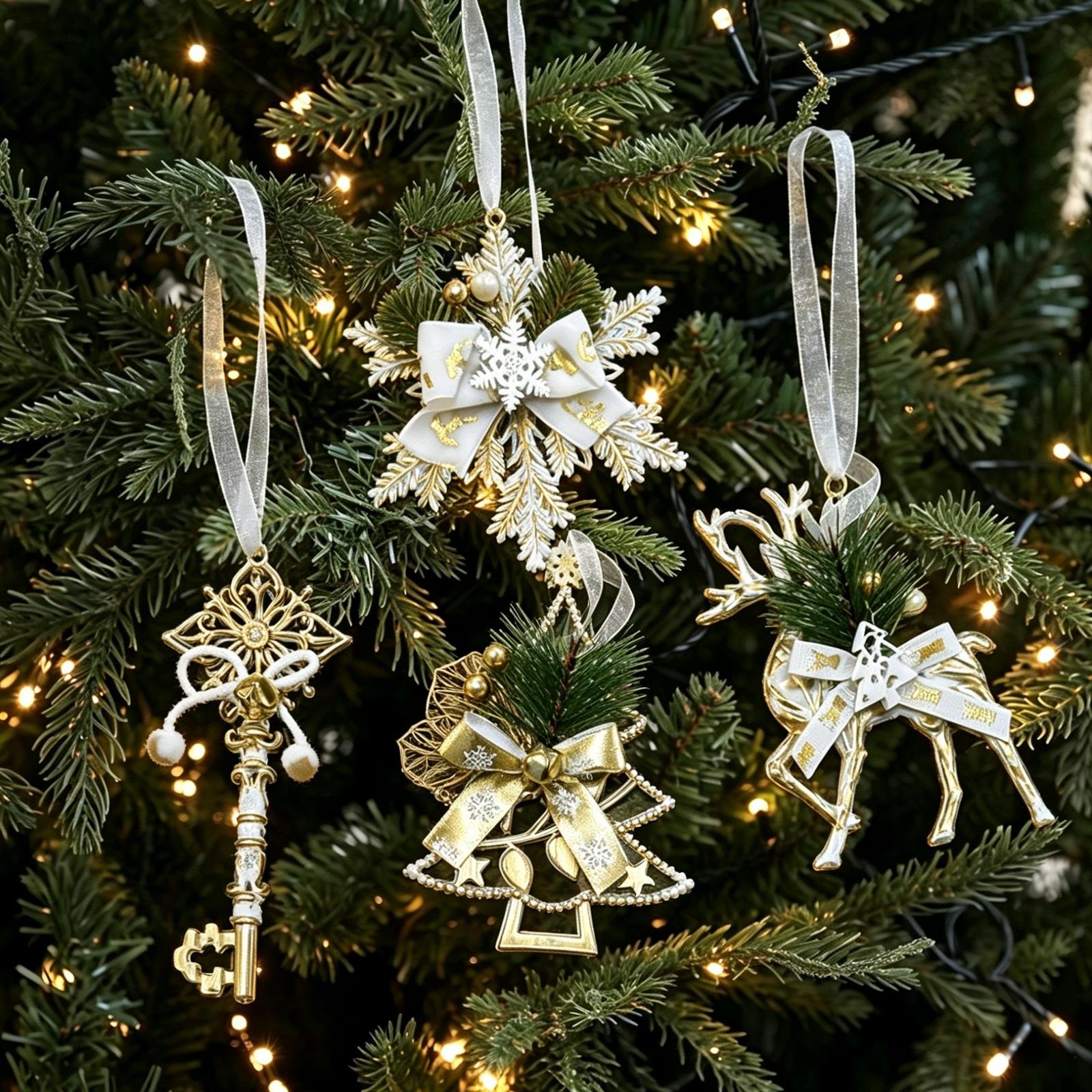 1Pc Christmas Ornaments, White & Gold Vintage Plastic Hanging Decorations, Snowflake Reindeer Key Christmas Tree Pendants, Suitable for Christmas Tree Decor, Holiday Decor, Window & Home Festival Atmosphere Decor