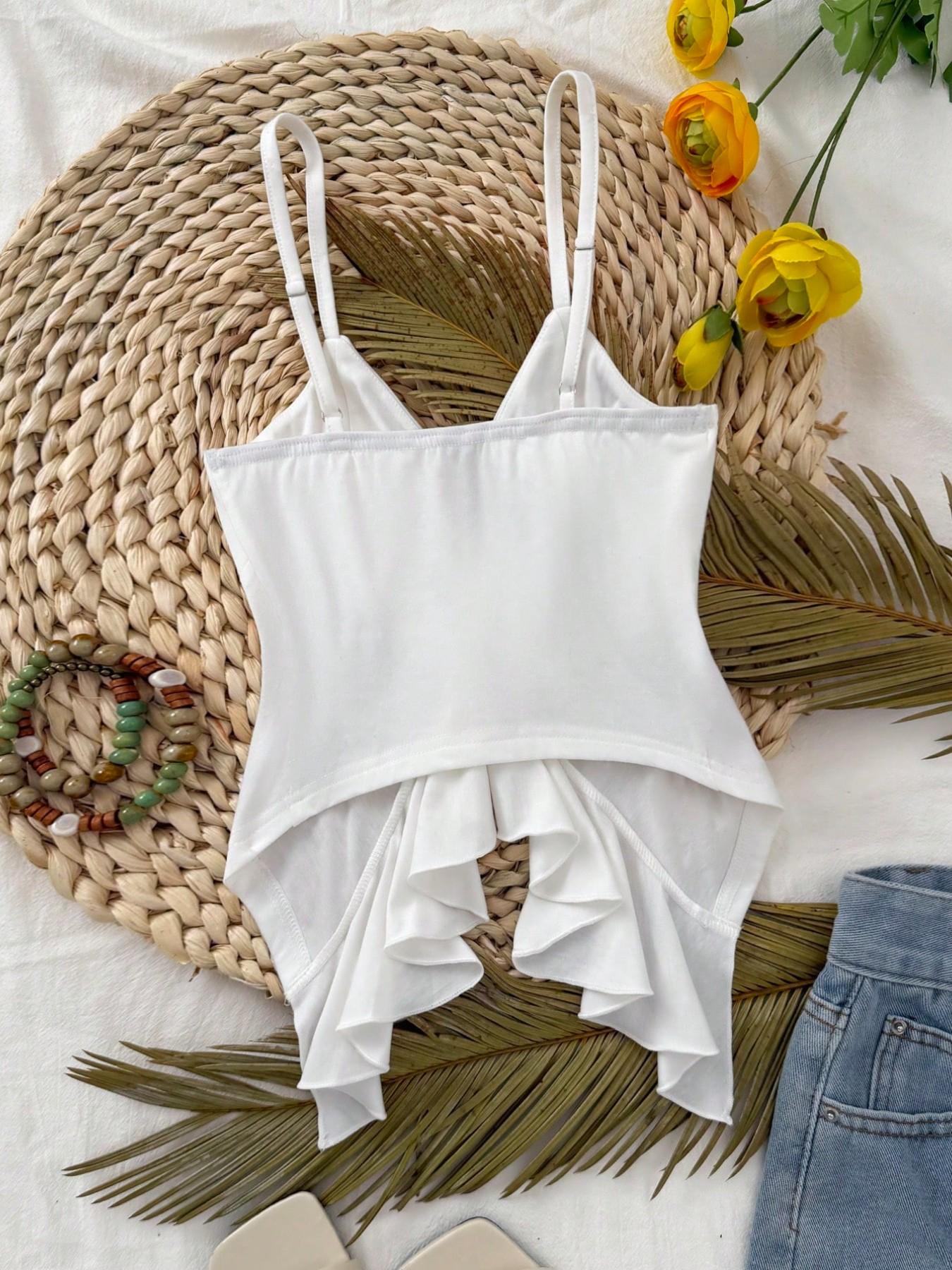 Women's V-Neck Boho Chic Sleeveless Halter Top Set, Tie-Front Crop Tank, Thin Straps, Ruffled Hem, Casual Sleeveless Slim Fit Outerwear, Two-Piece