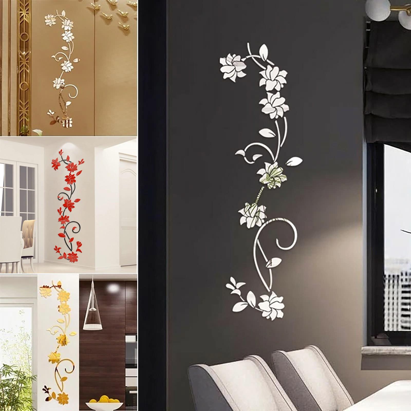 Acrylic Mirror Surface DIY Floral Vine Wall Sticker, 3D Rose Self-Adhesive Removable Decor for Living Room Bedroom