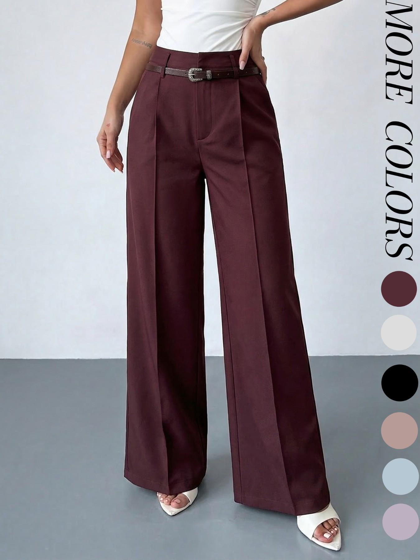 Women's Elastic Waist Solid Color Zipper Button Pocket Wide Leg Trouser Pants, Elegant Commuter Multi-Functional Office Wear Womenswear