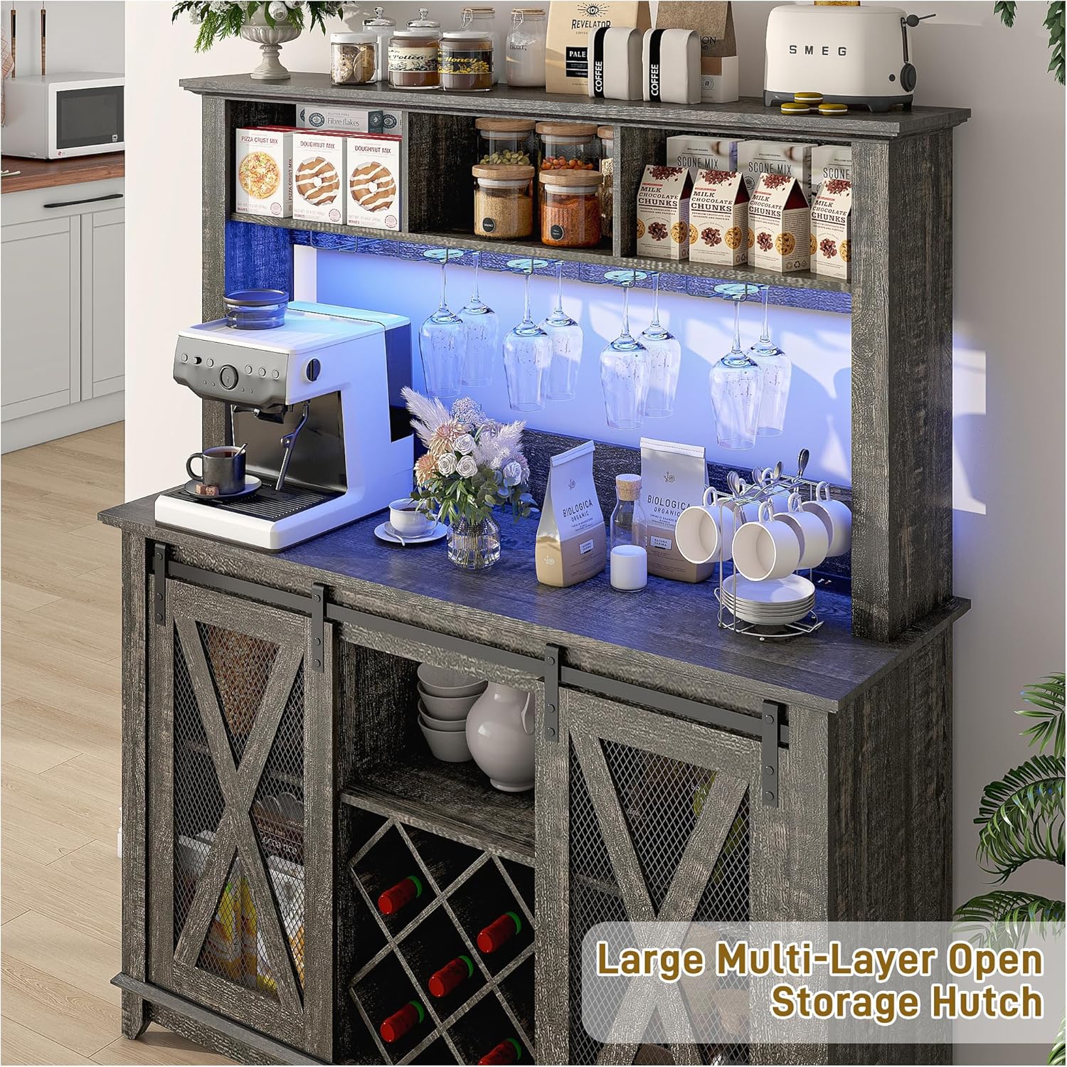 63"W/47"W/31.5"W Farmhouse Coffee Bar Cabinet with LED Light,Wine Bar Cabinet w/ Tier Storage Hutch,Kitchen Buffet Cabinet w/Sliding Barn Door & Wine and Glass Racks for Kitchen Dining Room(Brown/Antique White/Dark Rustic Oak)