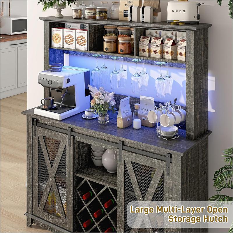 63"W/47"W/31.5"W Farmhouse Coffee Bar Cabinet with LED Light,Wine Bar Cabinet w/ Tier Storage Hutch,Kitchen Buffet Cabinet w/Sliding Barn Door & Wine and Glass Racks for Kitchen Dining Room(Brown/Antique White/Dark Rustic Oak)