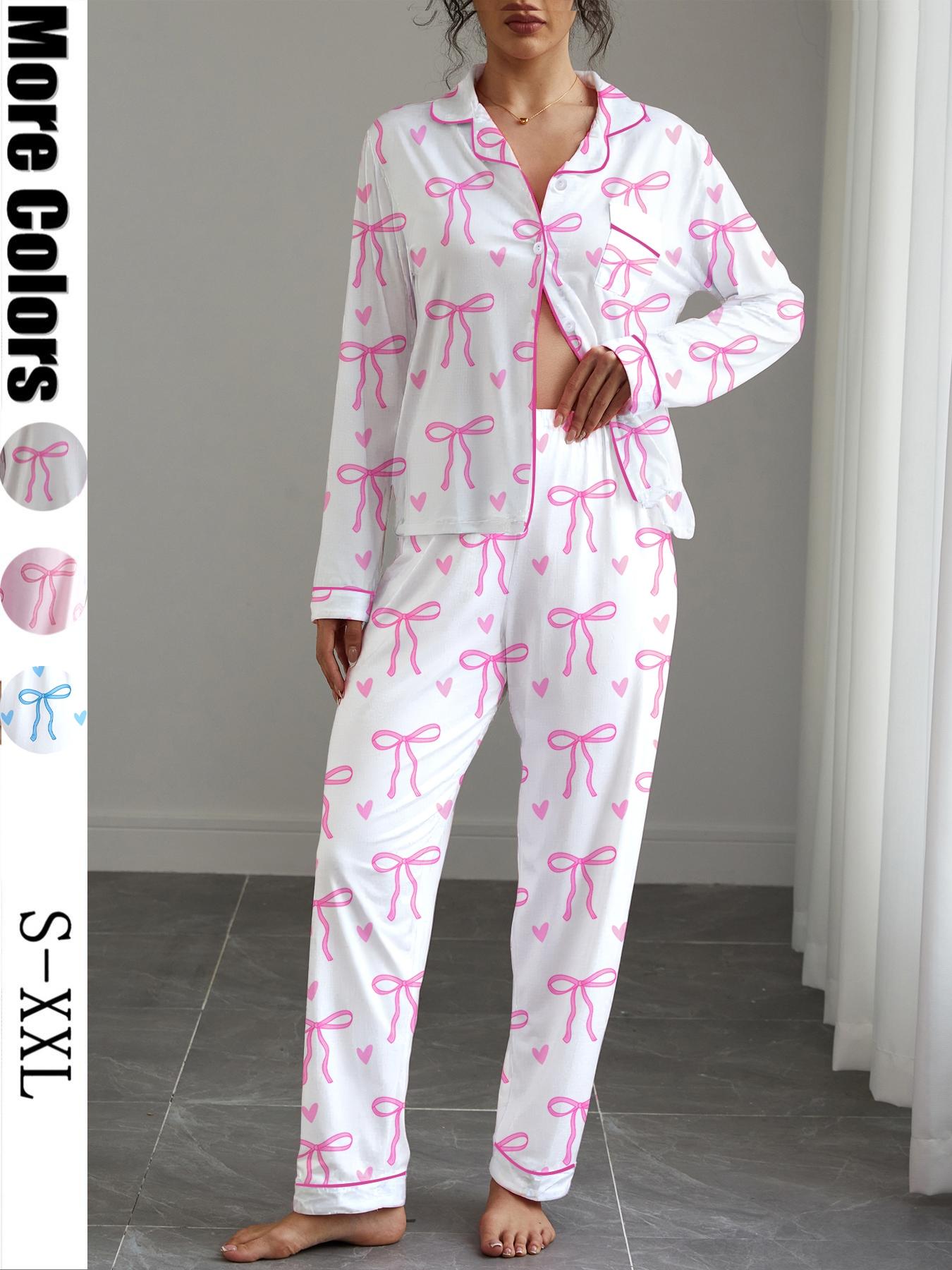 Women's Cute Bow Print Pajama Set,Valentine's Day Gift ，Fall & Winter Casual Homewear, Soft Elastic Fabric, Long Sleeve Shirt Collar Top & Pants